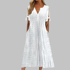 Reagan | Women's Eyelet Cotton Boho Midi Dress, Lightweight Summer Dress for Holidays and Resort Wear, Lightweight Summer Dress for Holidays and Resort Wear - White