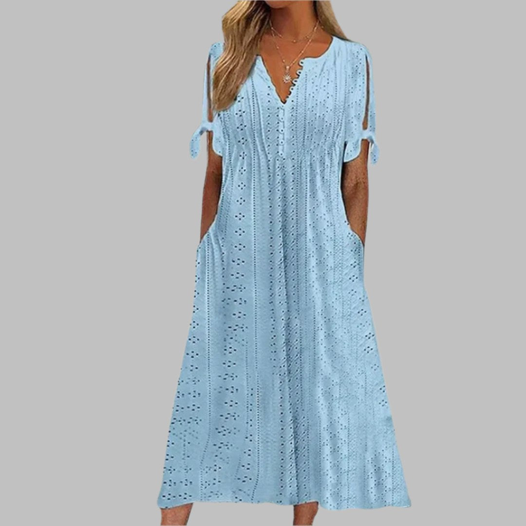 Reagan | Women's Eyelet Cotton Boho Midi Dress, Lightweight Summer Dress for Holidays and Resort Wear, Lightweight Summer Dress for Holidays and Resort Wear - Blue