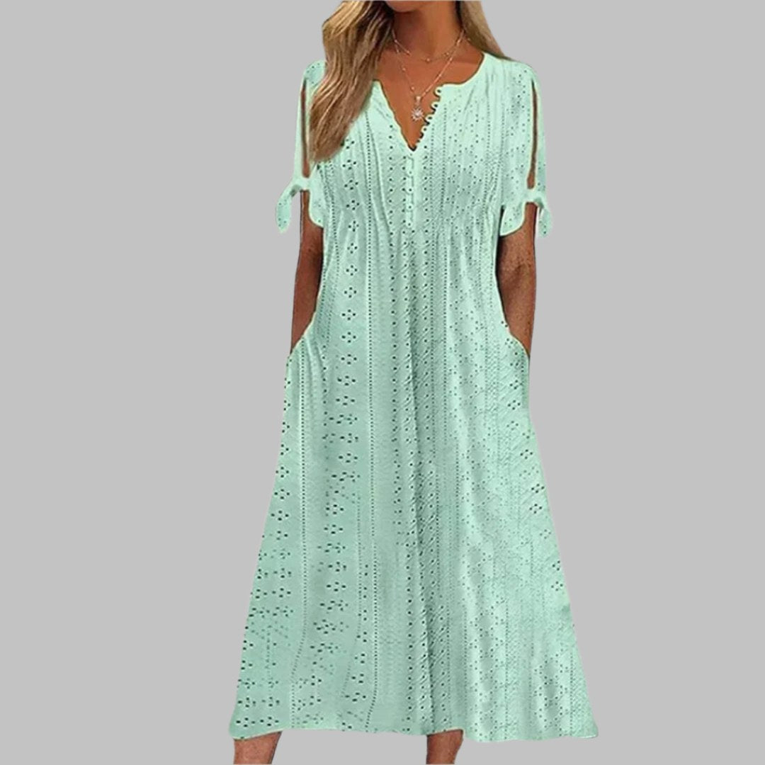 Reagan | Women's Eyelet Cotton Boho Midi Dress, Lightweight Summer Dress for Holidays and Resort Wear, Lightweight Summer Dress for Holidays and Resort Wear - Green