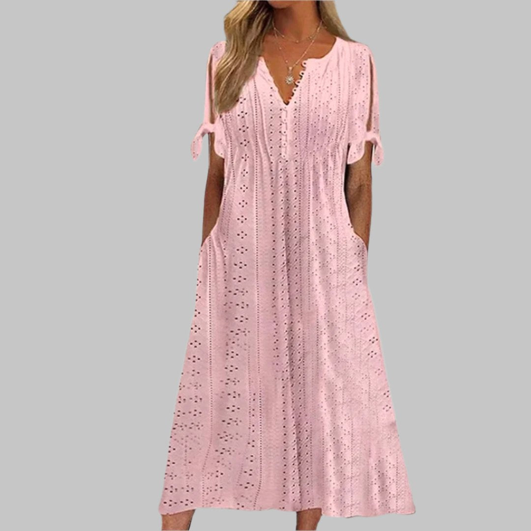 Reagan | Women's Eyelet Cotton Boho Midi Dress, Lightweight Summer Dress for Holidays and Resort Wear, Lightweight Summer Dress for Holidays and Resort Wear - Pink