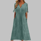 Reagan | Women's Eyelet Cotton Boho Midi Dress, Lightweight Summer Dress for Holidays and Resort Wear, Lightweight Summer Dress for Holidays and Resort Wear - Dark green