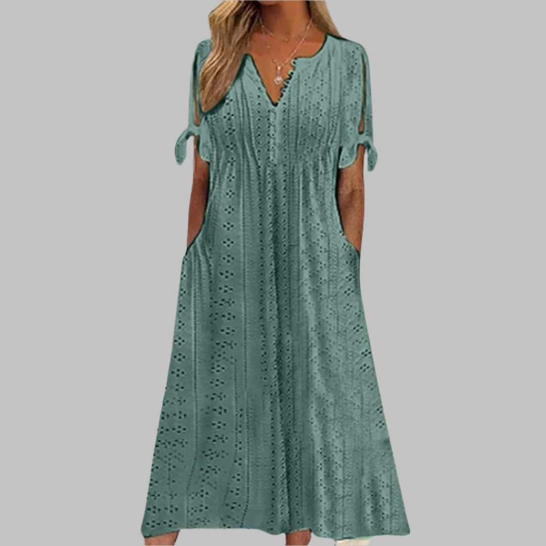 Reagan | Women's Eyelet Cotton Boho Midi Dress, Lightweight Summer Dress for Holidays and Resort Wear, Lightweight Summer Dress for Holidays and Resort Wear - Dark green