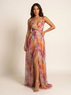 Renee | Women's Watercolour Print Maxi Dress, V-Neck Occasion Dress | Direct Attire | Oranje