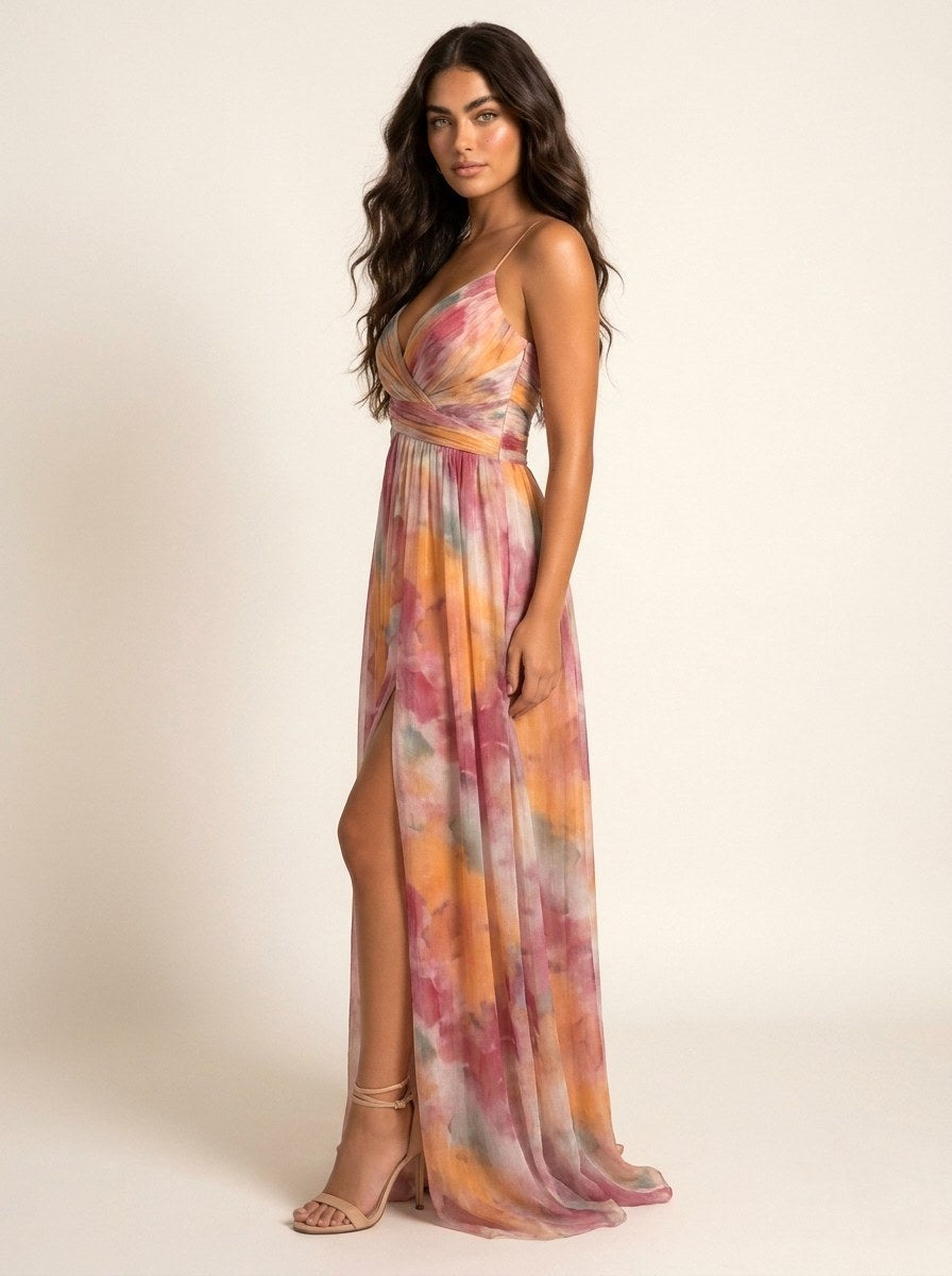 Renee | Women's Watercolour Print Maxi Dress, V-Neck Occasion Dress | Direct Attire | Groen