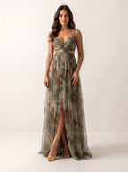 Renee | Women's Watercolour Print Maxi Dress, V-Neck Occasion Dress | Direct Attire | Geel