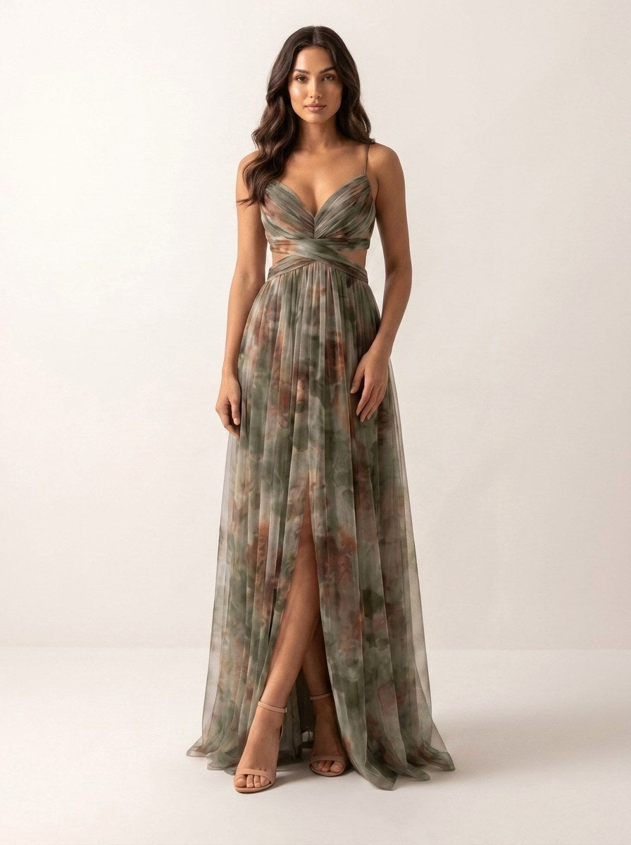 Renee | Women's Watercolour Print Maxi Dress, V-Neck Occasion Dress | Direct Attire | Geel