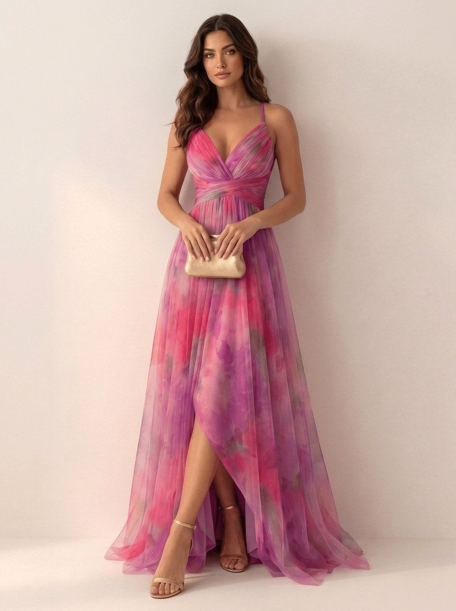 Renee | Women's Watercolour Print Maxi Dress, V-Neck Occasion Dress | Direct Attire