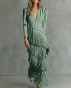 Rhiannon | Women's Midi Dress with Layered Fringe Detail, Flowing Midi Dress | Direct Attire | Café