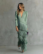 Rhiannon | Women's Midi Dress with Layered Fringe Detail, Flowing Midi Dress | Direct Attire | Verde claro