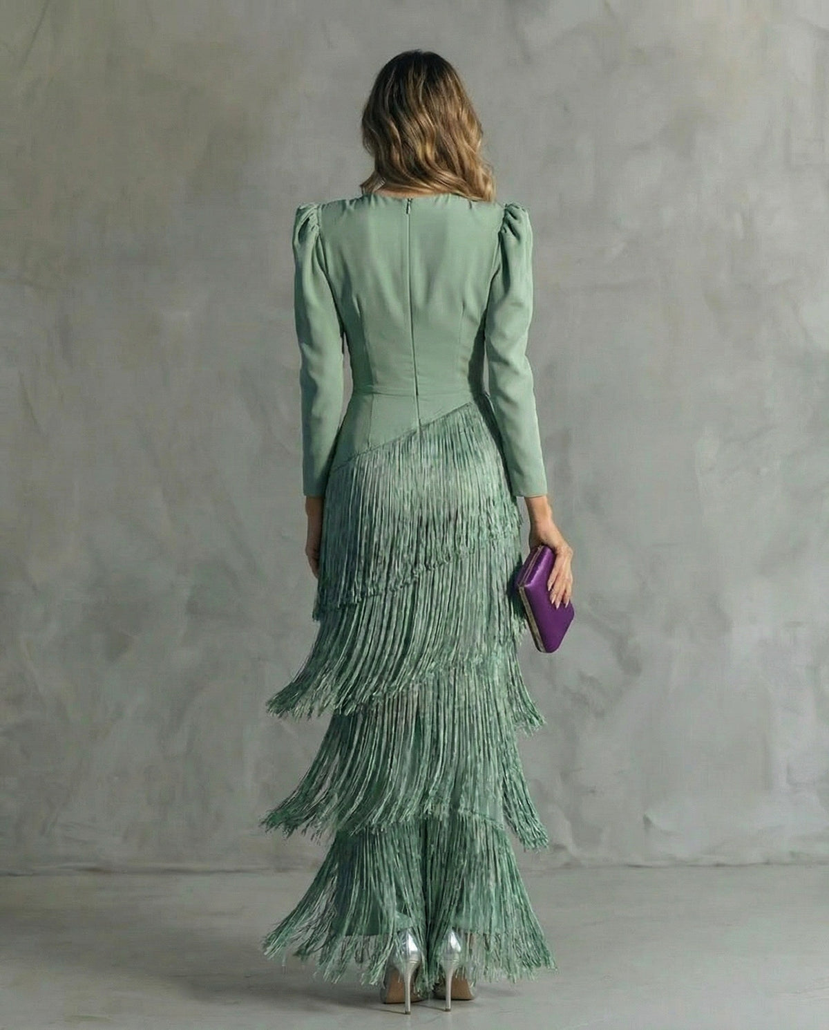 Rhiannon | Women's Midi Dress with Layered Fringe Detail, Flowing Midi Dress | Direct Attire | Color raíz de loto