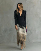 Rhiannon | Women's Midi Dress with Layered Fringe Detail, Flowing Midi Dress | Direct Attire
