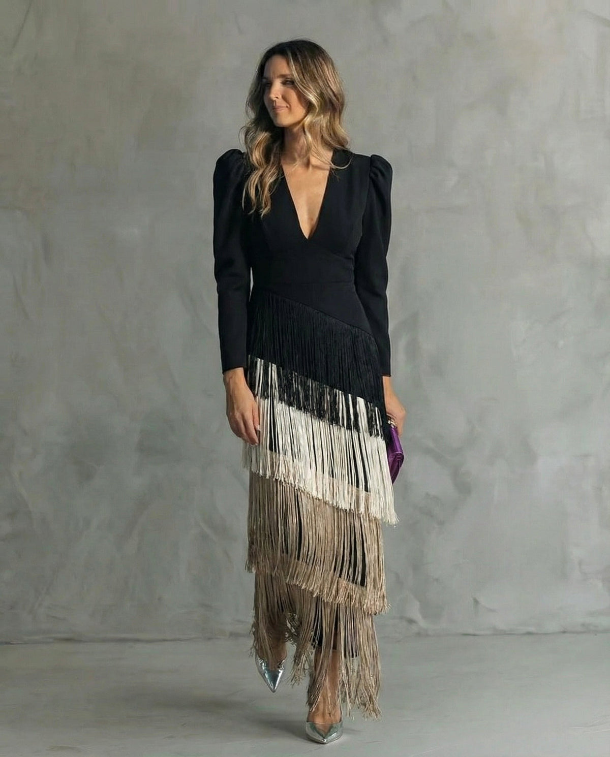 Rhiannon | Women's Midi Dress with Layered Fringe Detail, Flowing Midi Dress | Direct Attire