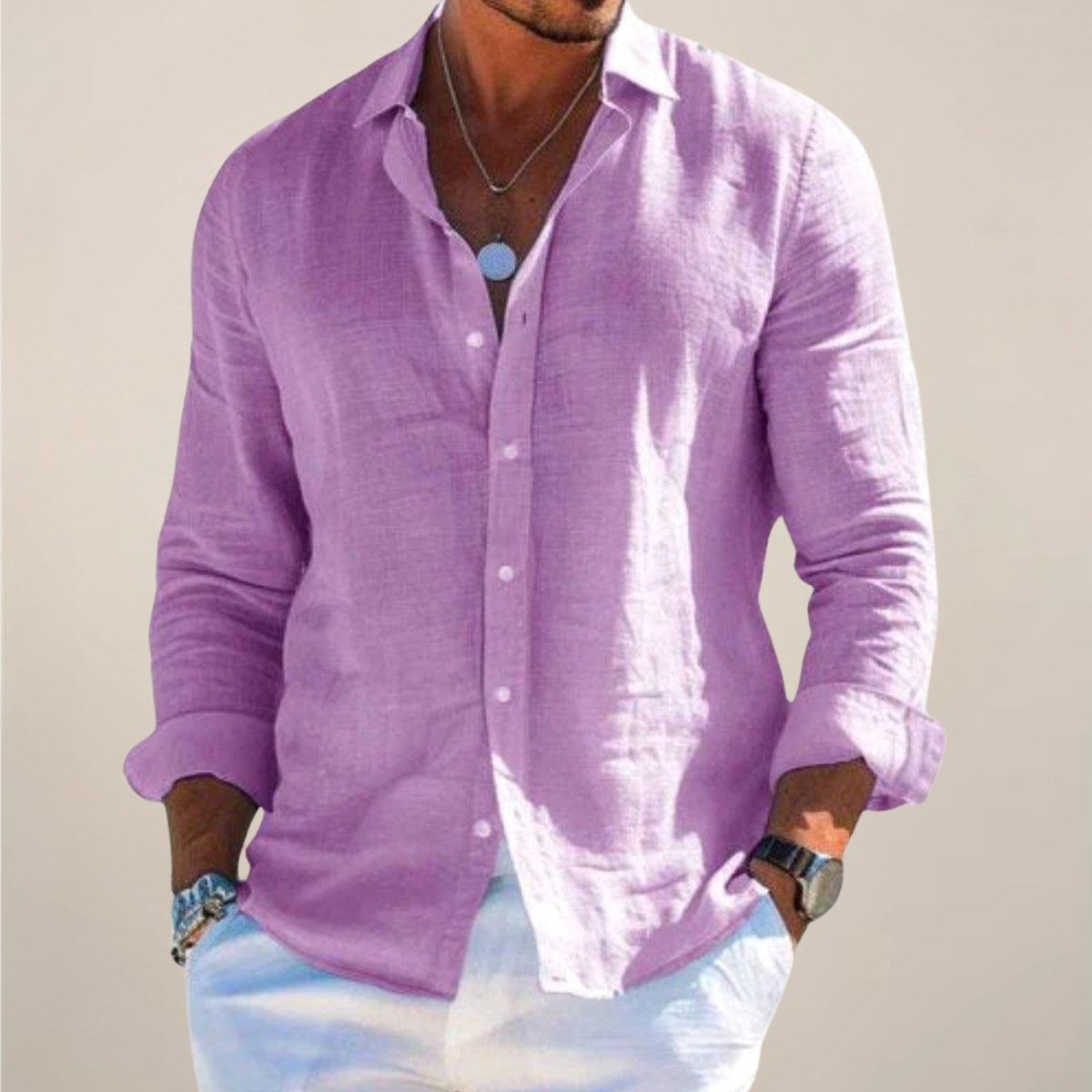 Rhys | Men's Linen Button Shirt, Lightweight Casual Shirt | Direct Attire | Beige