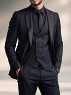 Riley | Men's Slim Fit Three-Piece Suit with Double-Breasted Waistcoat, Tailored Formal Suit | Direct Attire | Black