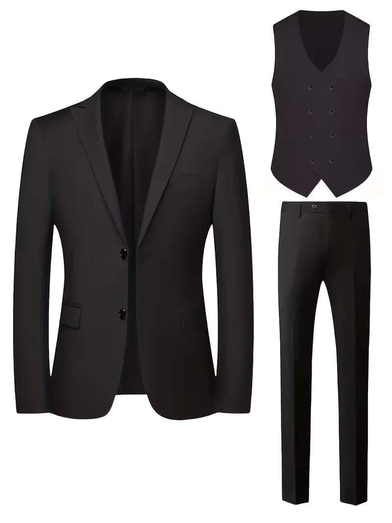 Riley | Men's Slim Fit Three-Piece Suit with Double-Breasted Waistcoat, Tailored Formal Suit | Direct Attire | Grey