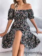 Ruby | Women's Floral Dress with Square Neckline, High-Waist Midi Dress | Direct Attire