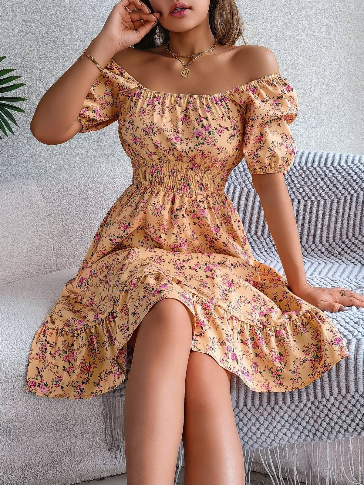 Ruby | Women's Floral Dress with Square Neckline, High-Waist Midi Dress | Direct Attire