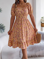 Ruby | Women's Floral Dress with Square Neckline, High-Waist Midi Dress | Direct Attire