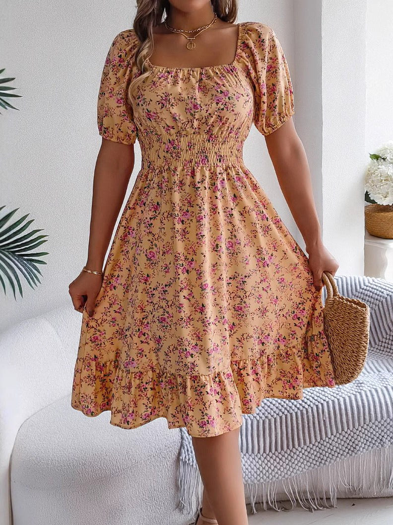 Ruby | Women's Floral Dress with Square Neckline, High-Waist Midi Dress | Direct Attire