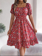 Ruby | Women's Floral Dress with Square Neckline, High-Waist Midi Dress | Direct Attire
