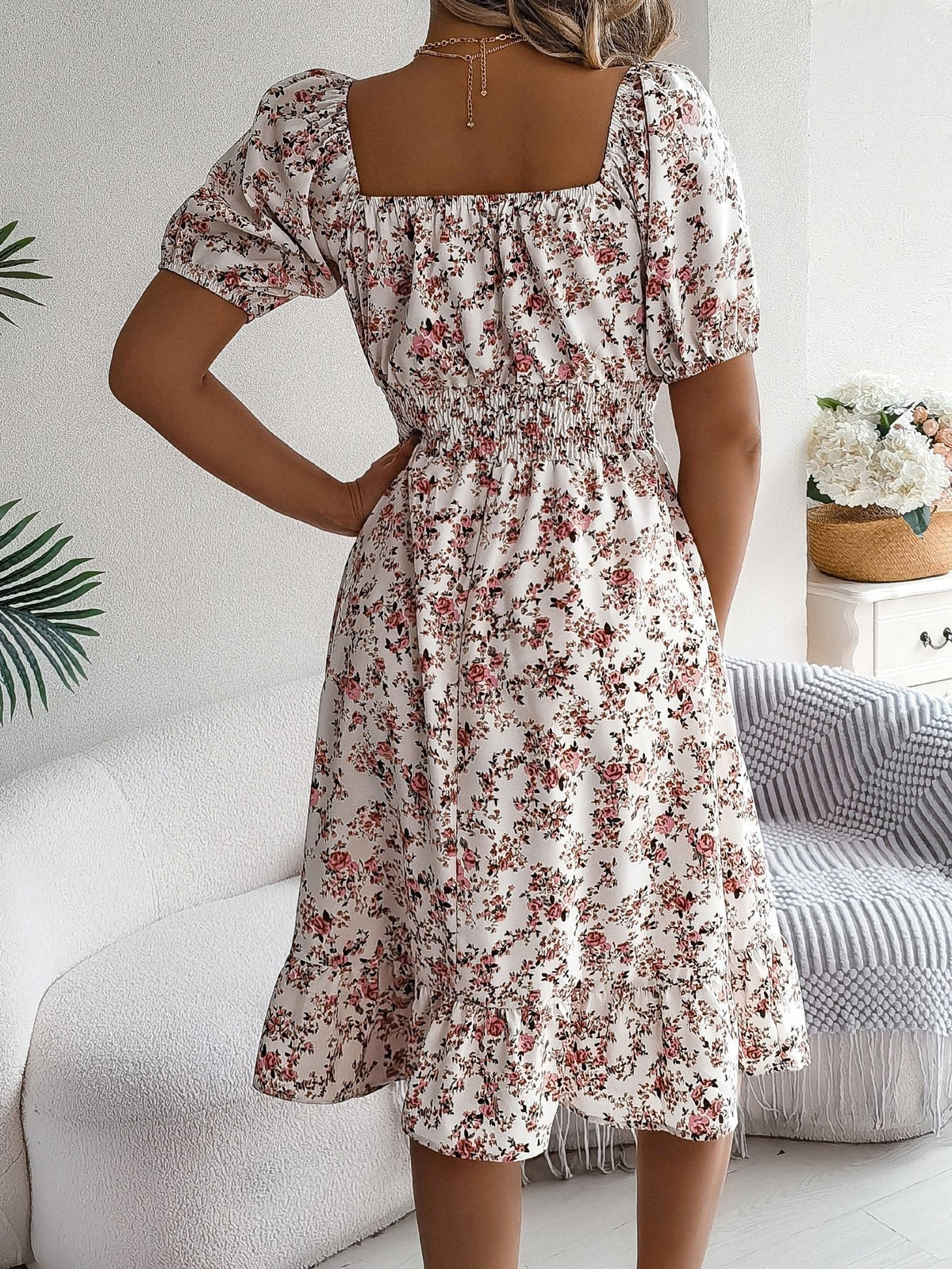 Ruby | Women's Floral Dress with Square Neckline, High-Waist Midi Dress | Direct Attire