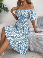 Ruby | Women's Floral Dress with Square Neckline, High-Waist Midi Dress | Direct Attire