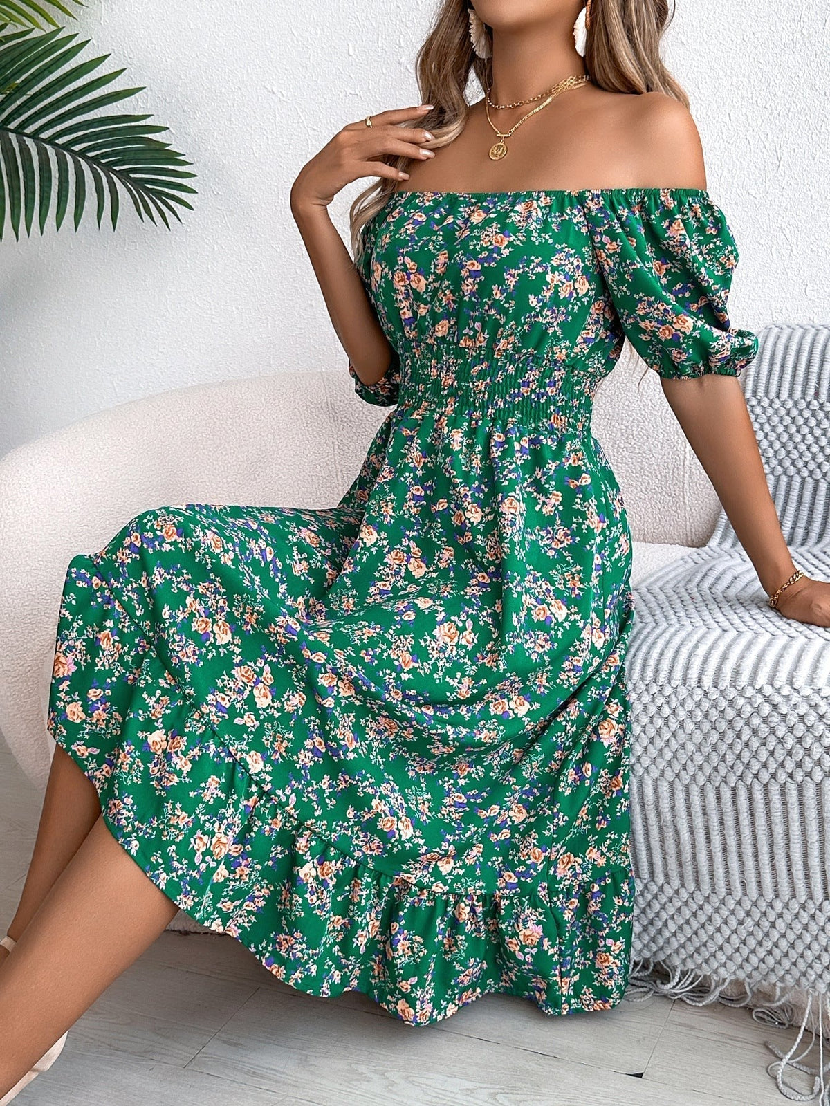 Ruby | Women's Floral Dress with Square Neckline, High-Waist Midi Dress | Direct Attire