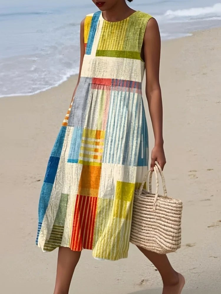 Samantha | Women's Sleeveless Geometric Art Midi Dress, Straight-Length Occasion Dress | Direct Attire | Yellow