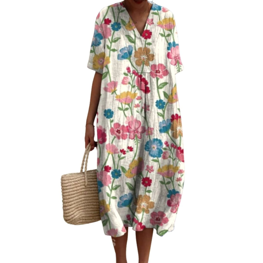 Savannah | Women's Floral V-Neck Cotton Midi Dress, Lightweight Summer Dress for Holidays and Resort Wear, Lightweight Summer Dress for Holidays and Resort Wear - Floral