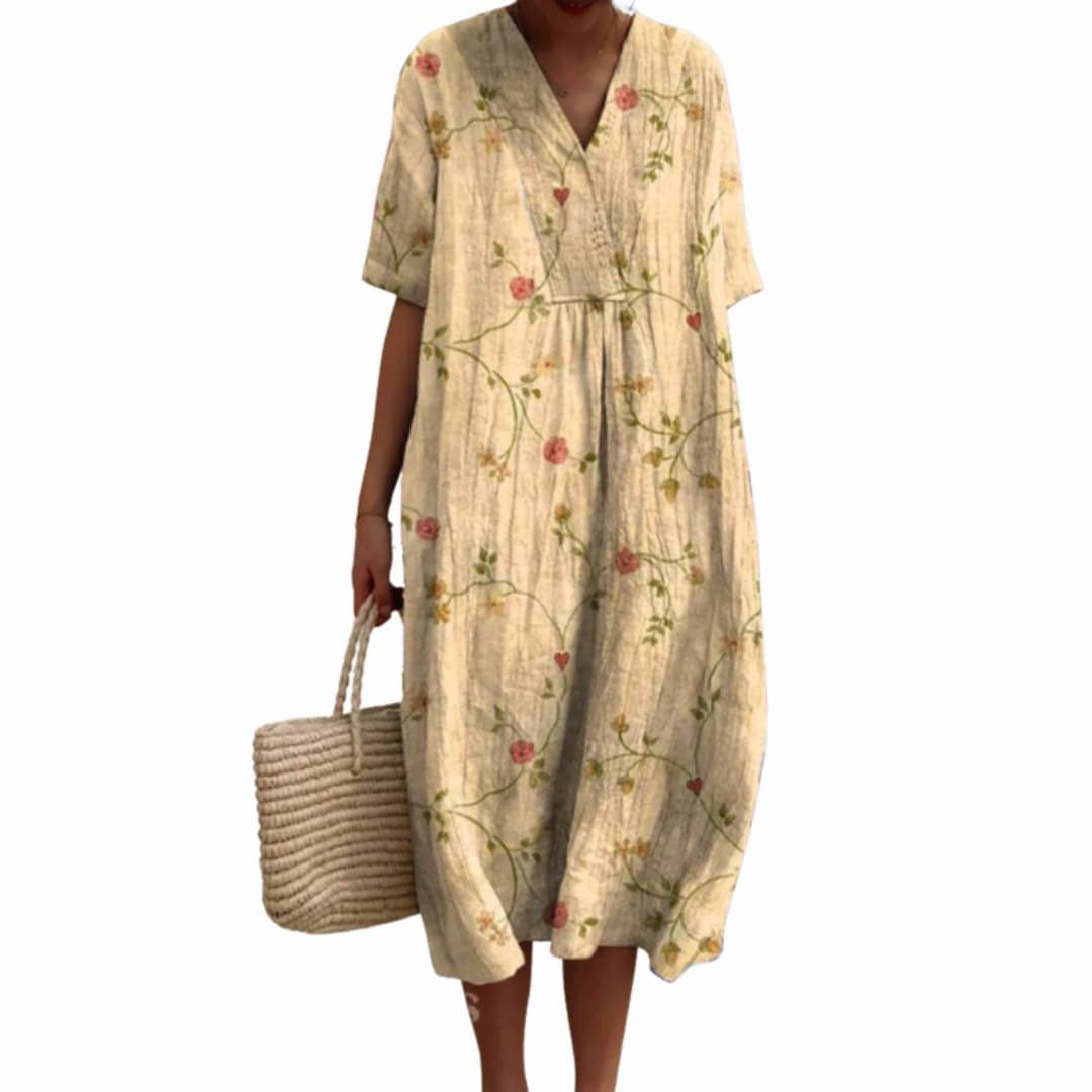 Savannah | Women's Floral V-Neck Cotton Midi Dress, Lightweight Summer Dress for Holidays and Resort Wear, Lightweight Summer Dress for Holidays and Resort Wear - Beige