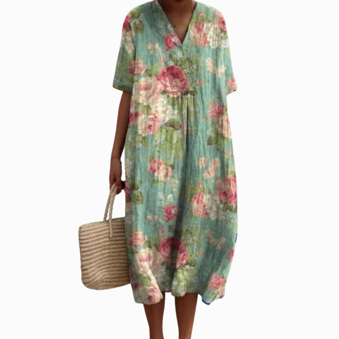 Savannah | Women's Floral V-Neck Cotton Midi Dress, Lightweight Summer Dress for Holidays and Resort Wear, Lightweight Summer Dress for Holidays and Resort Wear - Aqua Mint