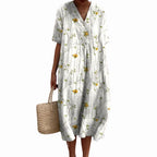 Savannah | Women's Floral V-Neck Cotton Midi Dress, Lightweight Summer Dress for Holidays and Resort Wear, Lightweight Summer Dress for Holidays and Resort Wear - White with Yellow