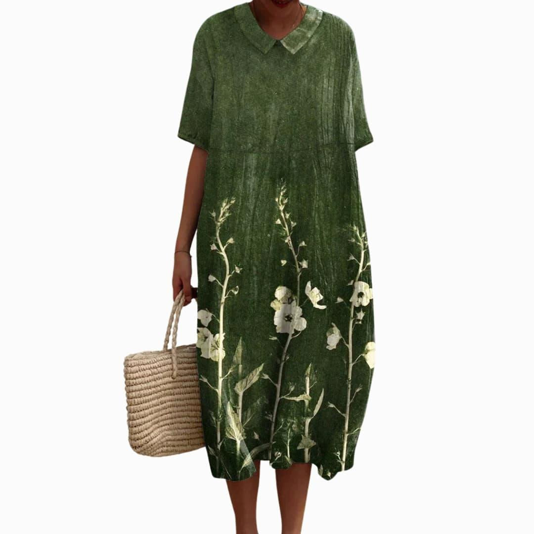 Savannah | Women's Floral V-Neck Cotton Midi Dress, Lightweight Summer Dress for Holidays and Resort Wear, Lightweight Summer Dress for Holidays and Resort Wear - Green