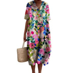 Savannah | Women's Floral V-Neck Cotton Midi Dress, Lightweight Summer Dress for Holidays and Resort Wear, Lightweight Summer Dress for Holidays and Resort Wear - Pink