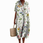 Savannah | Women's Floral V-Neck Cotton Midi Dress, Lightweight Summer Dress for Holidays and Resort Wear, Lightweight Summer Dress for Holidays and Resort Wear - White