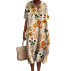 Savannah | Women's Floral V-Neck Cotton Midi Dress, Lightweight Summer Dress for Holidays and Resort Wear, Lightweight Summer Dress for Holidays and Resort Wear - Yellow