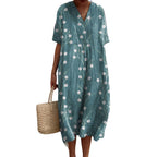 Savannah | Women's Floral V-Neck Cotton Midi Dress, Lightweight Summer Dress for Holidays and Resort Wear, Lightweight Summer Dress for Holidays and Resort Wear - Sage Green