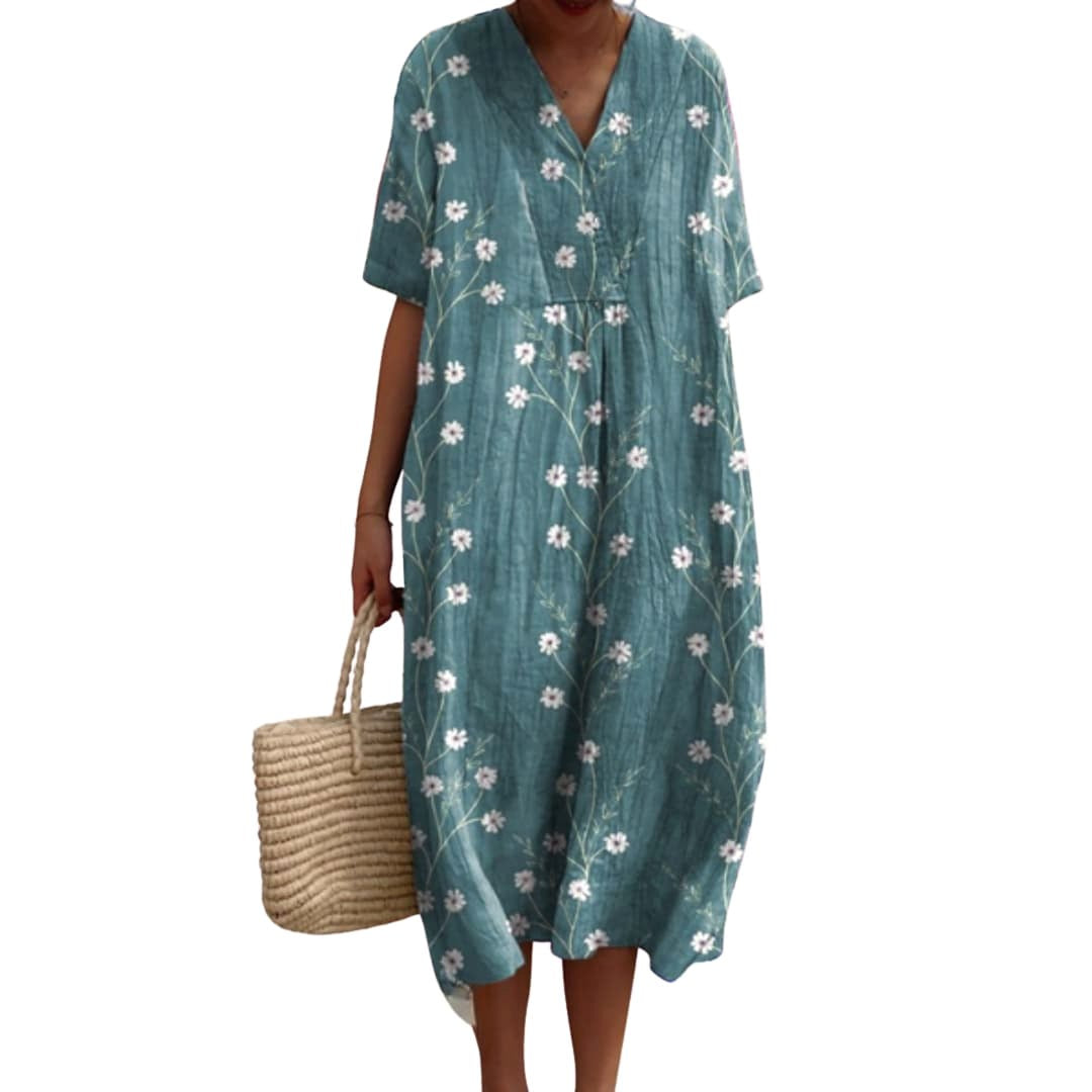 Savannah | Women's Floral V-Neck Cotton Midi Dress, Lightweight Summer Dress for Holidays and Resort Wear, Lightweight Summer Dress for Holidays and Resort Wear - Sage Green