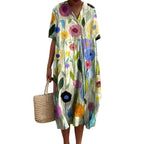 Savannah | Women's Floral V-Neck Cotton Midi Dress, Lightweight Summer Dress for Holidays and Resort Wear, Lightweight Summer Dress for Holidays and Resort Wear - MultiColour