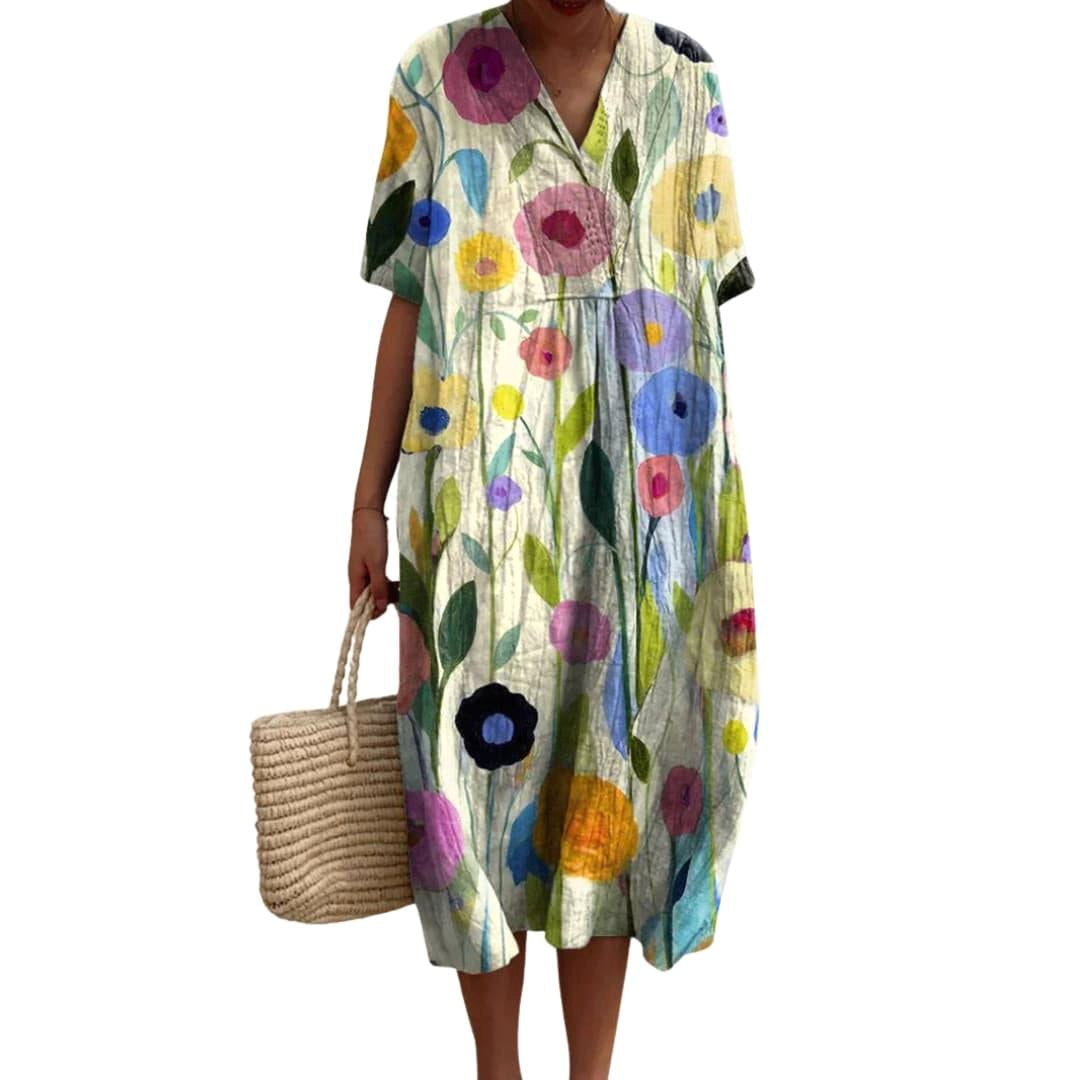 Savannah | Women's Floral V-Neck Cotton Midi Dress, Lightweight Summer Dress for Holidays and Resort Wear, Lightweight Summer Dress for Holidays and Resort Wear - MultiColour
