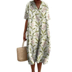 Savannah | Women's Floral V-Neck Cotton Midi Dress, Lightweight Summer Dress for Holidays and Resort Wear, Lightweight Summer Dress for Holidays and Resort Wear - Olive Green