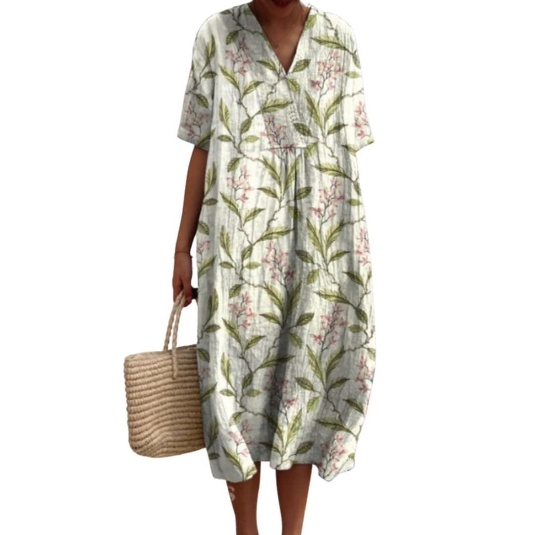 Savannah | Women's Floral V-Neck Cotton Midi Dress, Lightweight Summer Dress for Holidays and Resort Wear, Lightweight Summer Dress for Holidays and Resort Wear - Olive Green