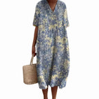 Savannah | Women's Floral V-Neck Cotton Midi Dress, Lightweight Summer Dress for Holidays and Resort Wear, Lightweight Summer Dress for Holidays and Resort Wear - Blue