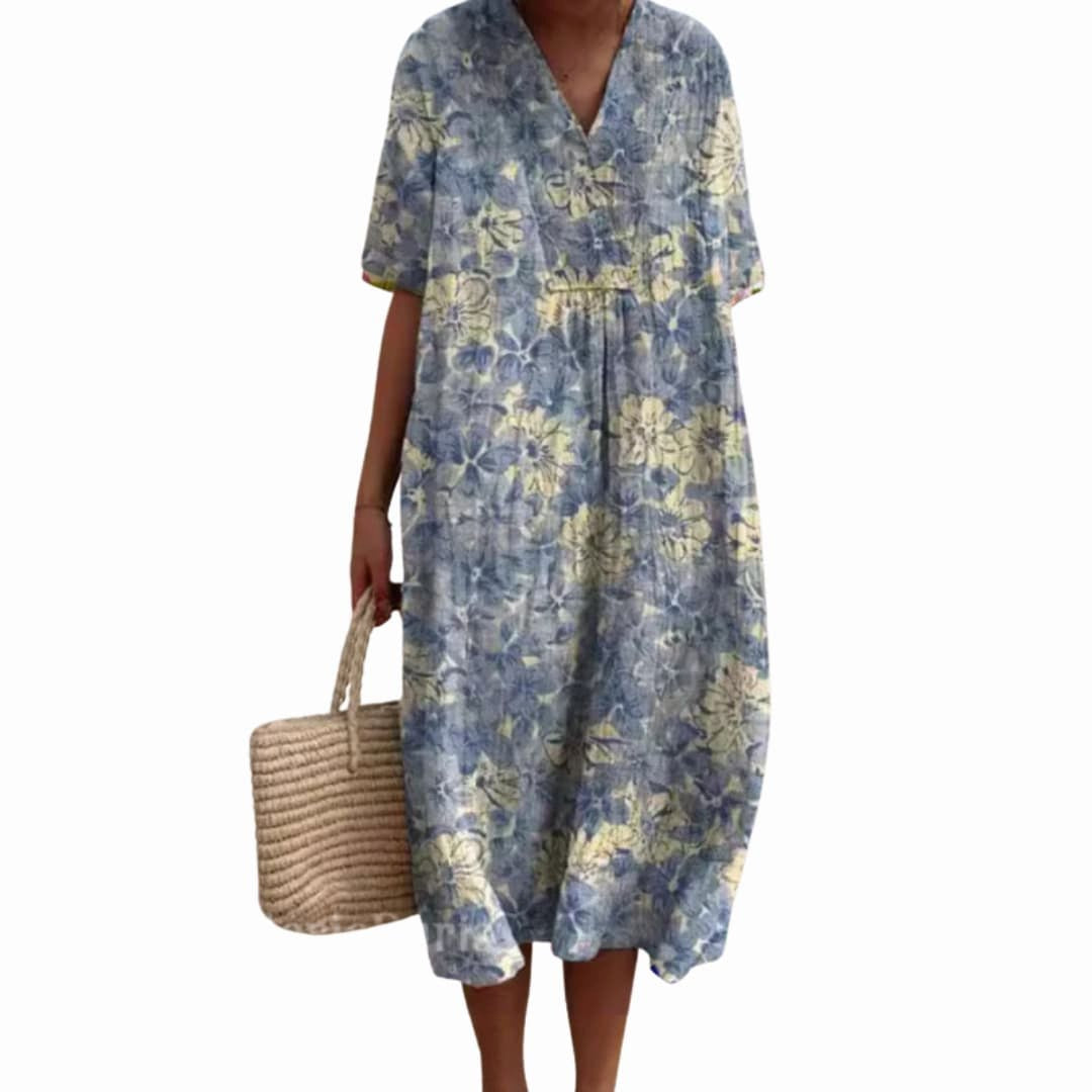 Savannah | Women's Floral V-Neck Cotton Midi Dress, Lightweight Summer Dress for Holidays and Resort Wear, Lightweight Summer Dress for Holidays and Resort Wear - Blue
