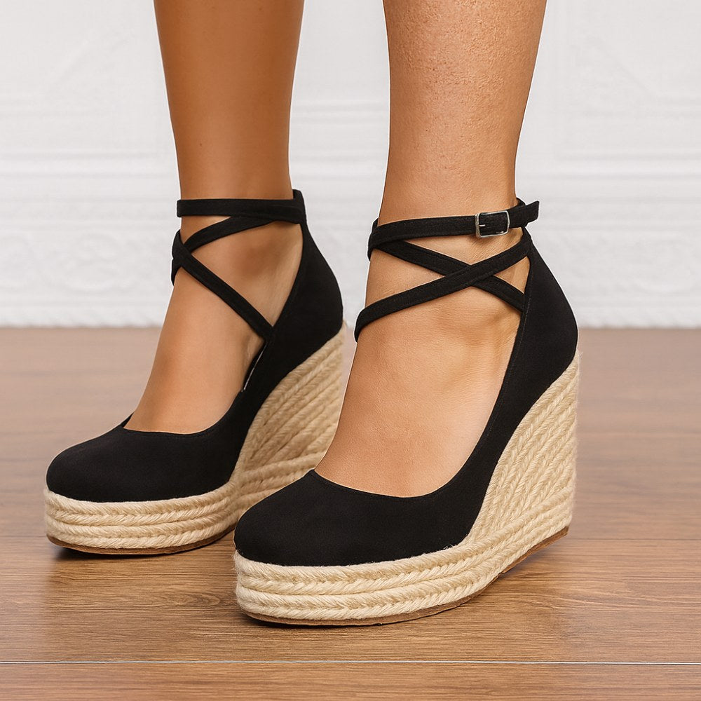 Savannah | Women's Orthopedic Suede Espadrille Wedge Sandals, Supportive Summer Footwear for Walking and Everyday Wear, Supportive Summer Footwear for Walking and Everyday Wear - Black
