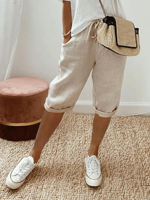 Sienna | Women's Lightweight Capri Trousers with Elasticated Waist, Drawstring Cropped Trousers | Direct Attire | Khaki
