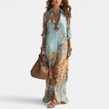 Sienna | Women's Maxi Shirt Dress with Mediterranean Print, Flowing Collar Dress | Direct Attire
