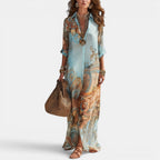 Sienna | Women's Maxi Shirt Dress with Mediterranean Print, Flowing Collar Dress | Direct Attire