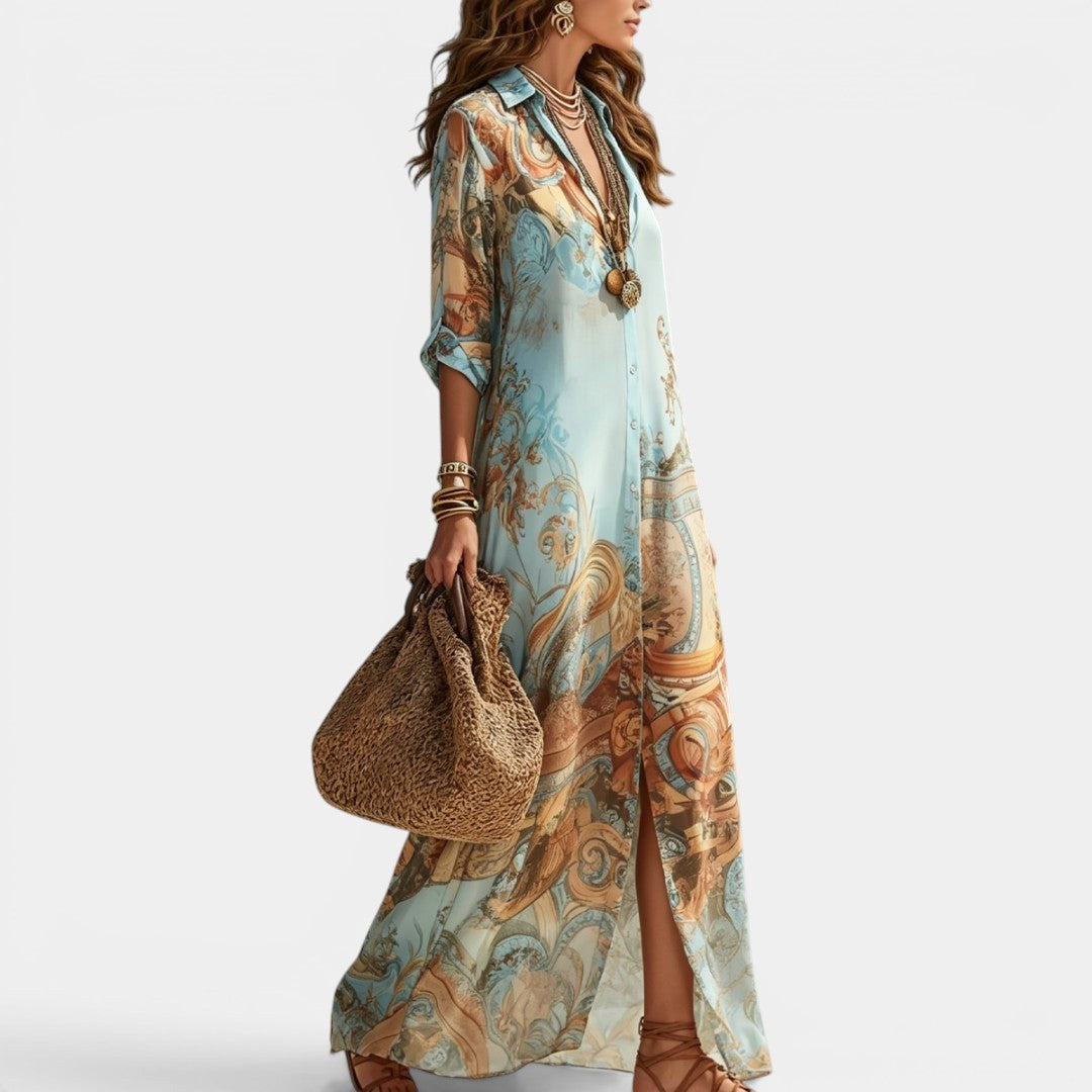 Sienna | Women's Maxi Shirt Dress with Mediterranean Print, Flowing Collar Dress | Direct Attire
