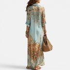 Sienna | Women's Maxi Shirt Dress with Mediterranean Print, Flowing Collar Dress | Direct Attire